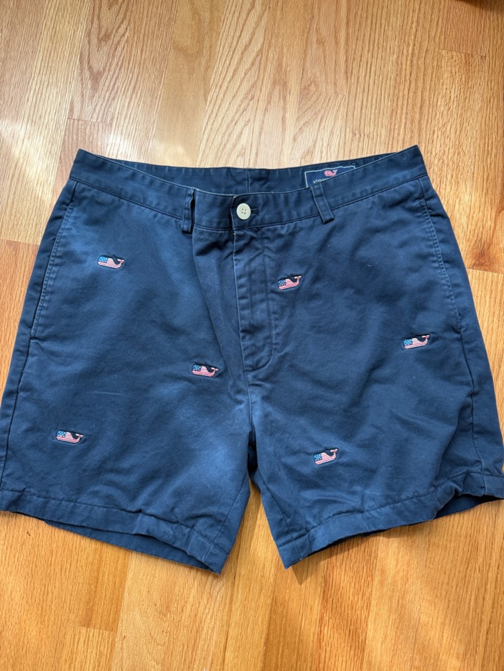 Vineyard Vines Navy Shorts with American Flag Whale Logo